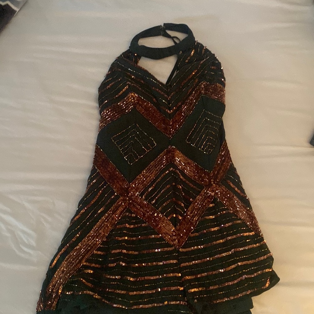 Green sequin open back short romper